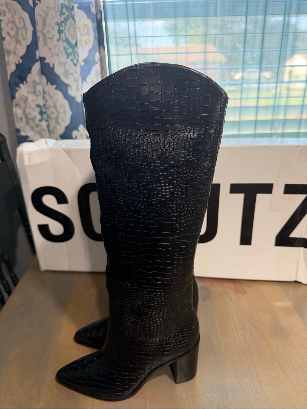 SCHUTZ Black Croc-Embossed Over-the-Knee Pointed-Toe Boots - Picture 2 of 5